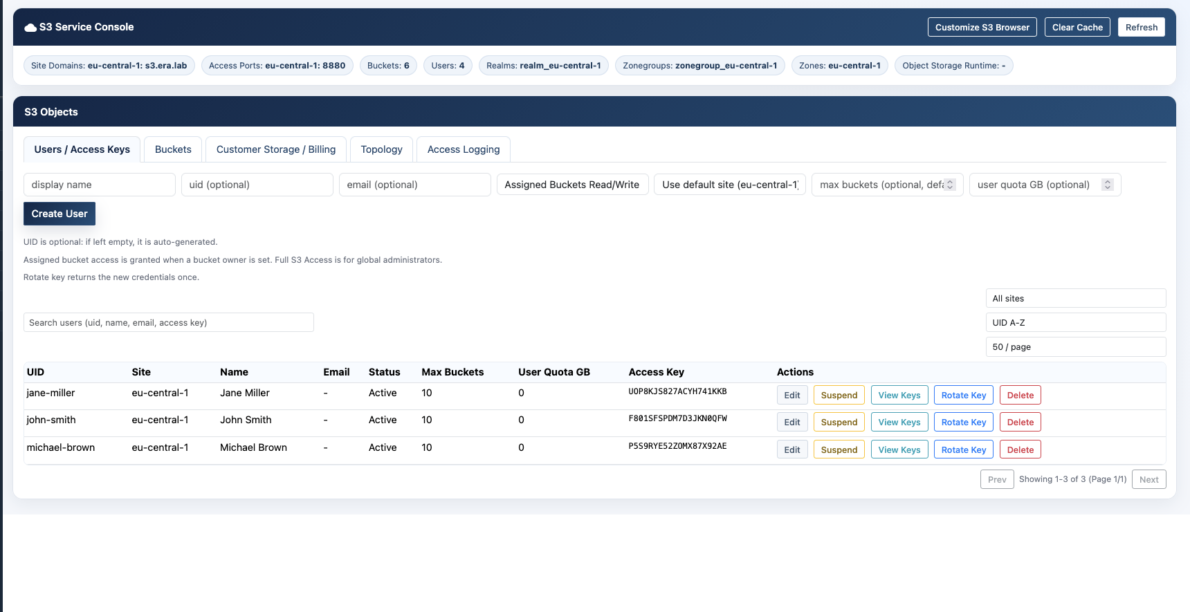 S3 users and access keys management