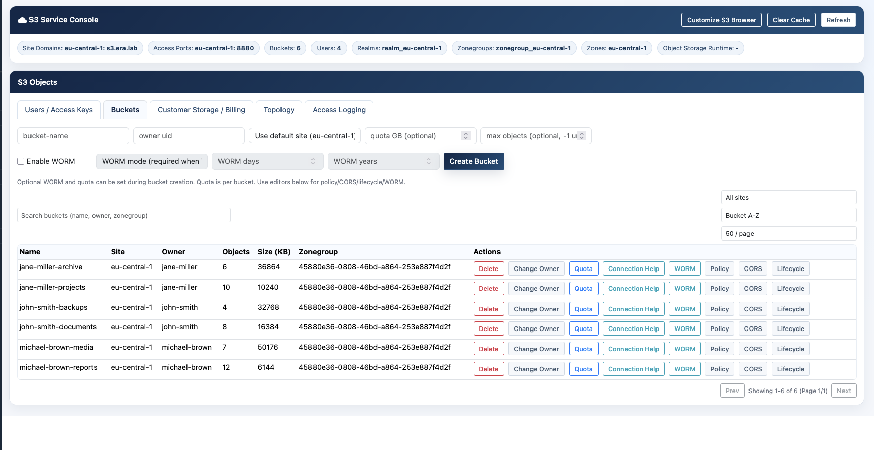 Graphical S3 bucket administration with quota, WORM and lifecycle controls