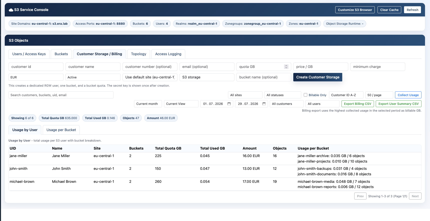 eEKAS customer storage usage and billing view