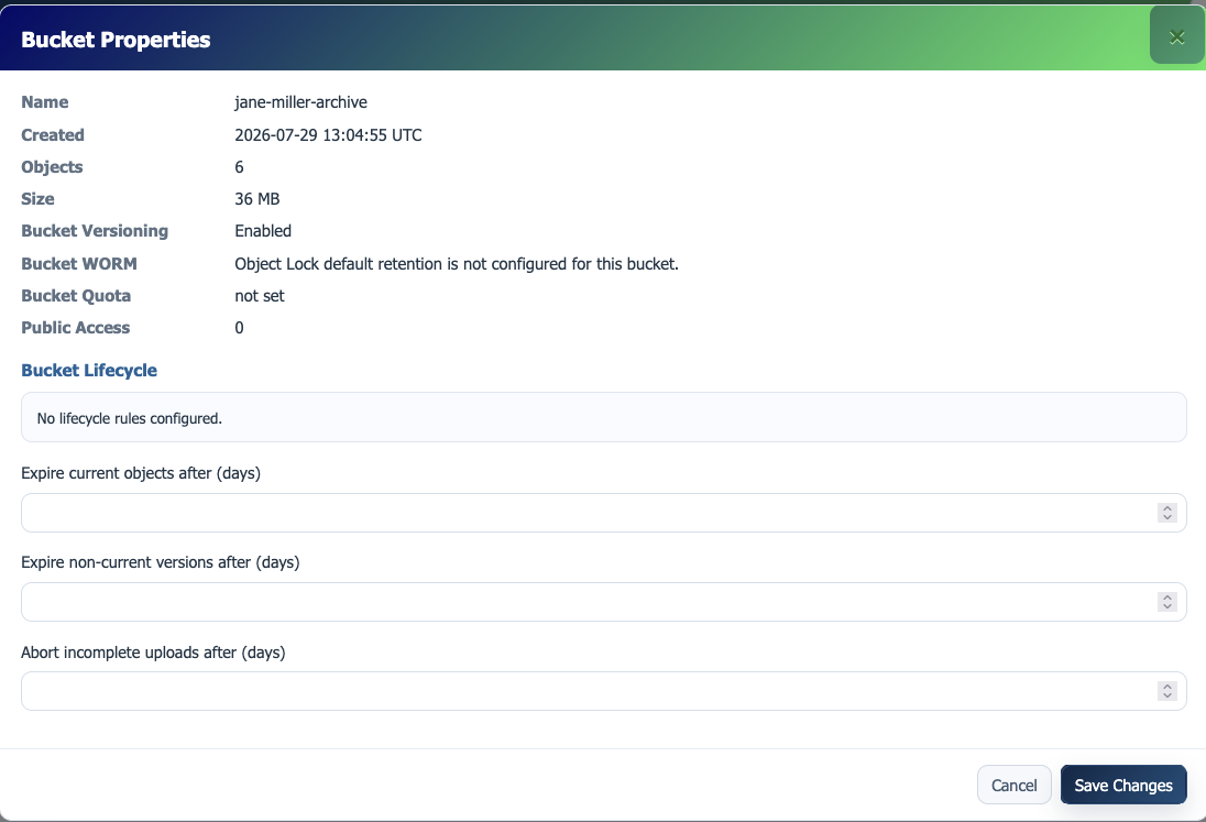 S3 bucket properties and lifecycle controls
