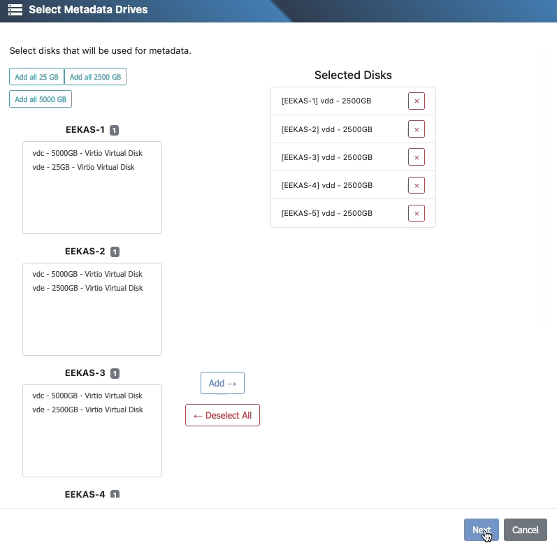 eEKAS graphical selection of dedicated metadata drives