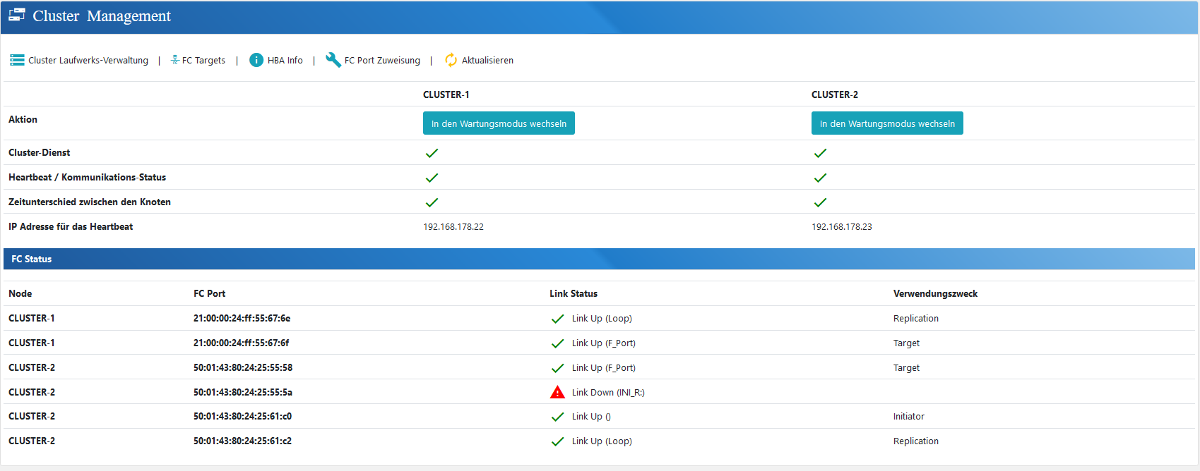 euroNAS Fibre Channel Clusterstatus und Portzuordnung