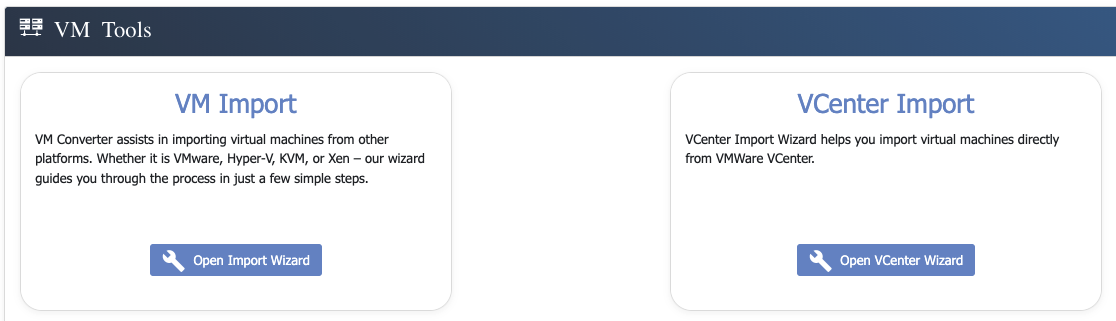 eEVOS VM import options for VMware, Hyper-V, KVM, Xen and VMware vCenter