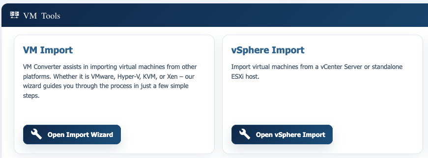 eEVOS VM Tools mit Optionen für VM-Import und vSphere Import