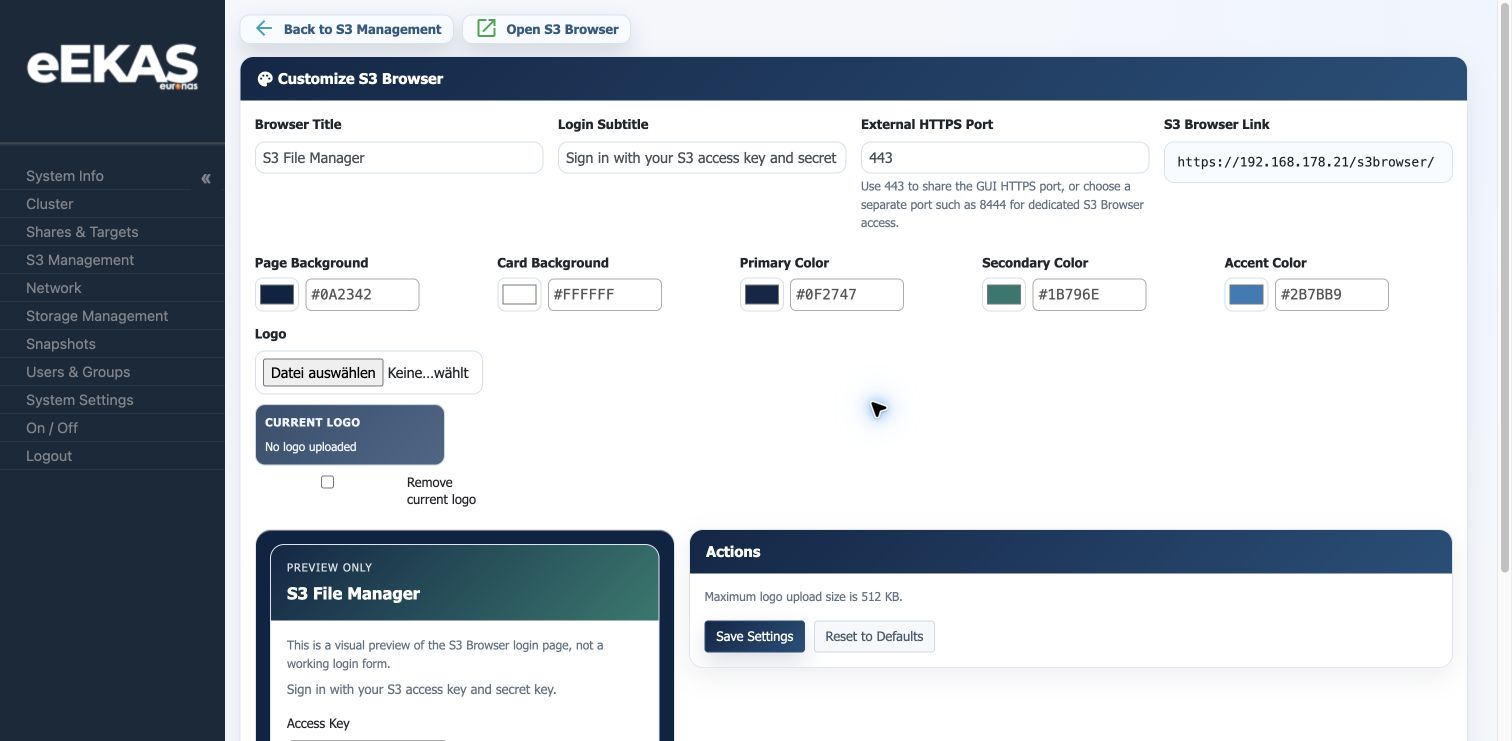 Generic S3 File Manager customisation controls